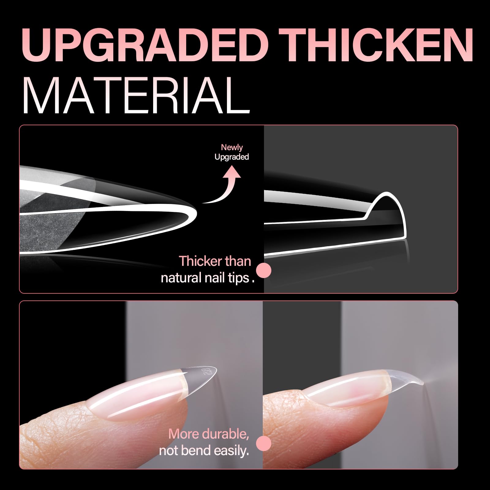 Close-up of 0.3mm thickened soft gel tips showing durability.