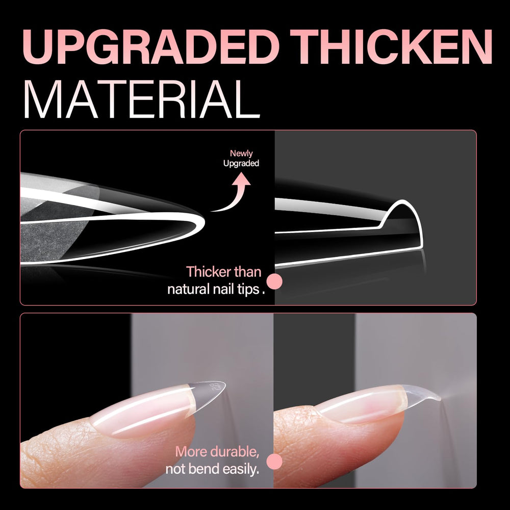 Close-up of 0.3mm thickened soft gel tips showing durability.