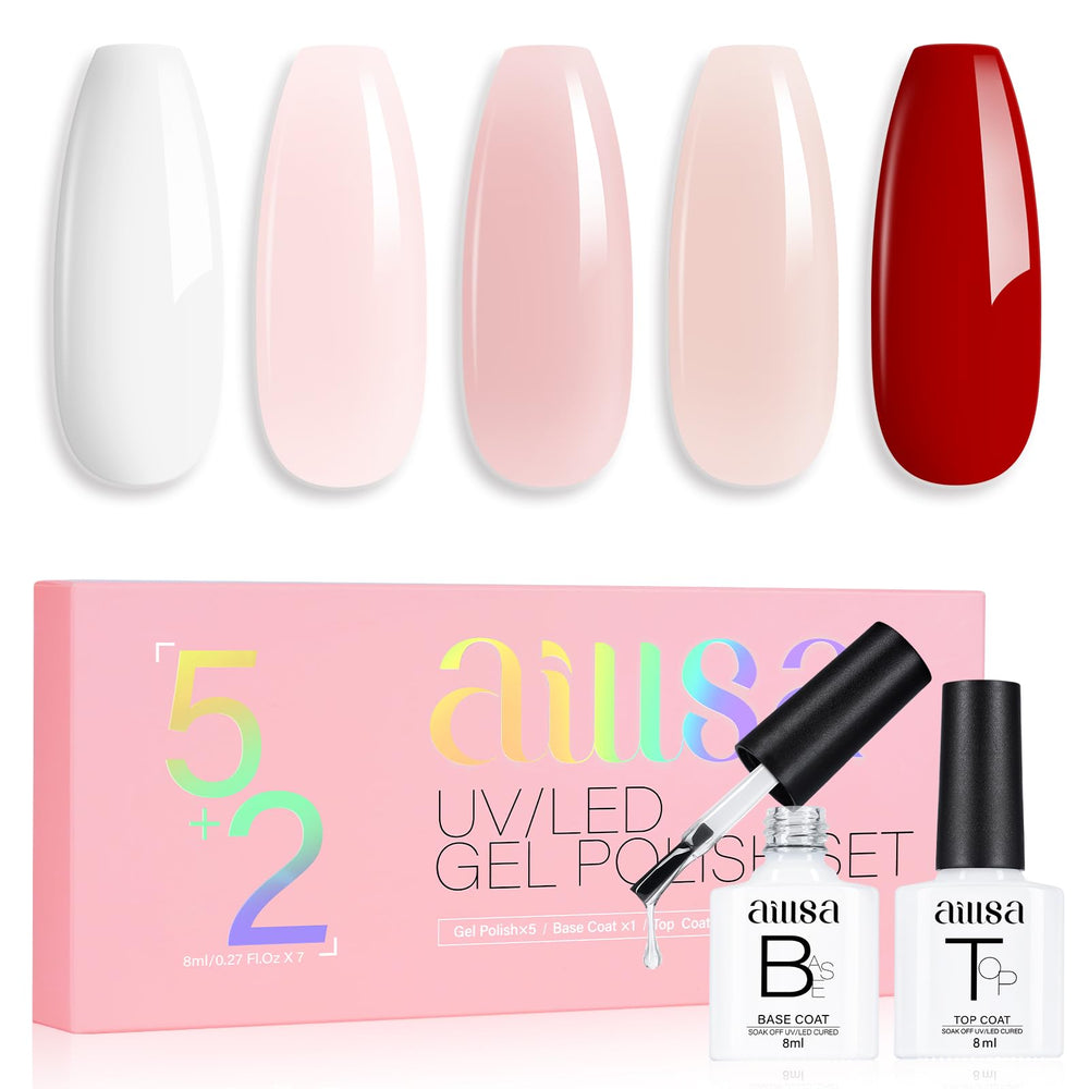 AILLSA Nude Pink gel nail polish set packaging shows a complete 7-piece kit for at home manicures.