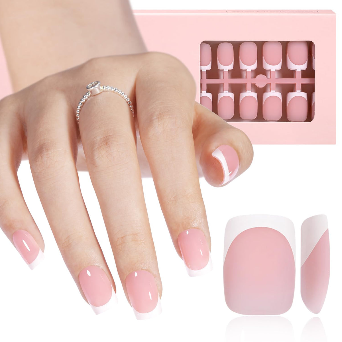 AILLSA pink short square French tip press-on nails for a quick at-home manicure