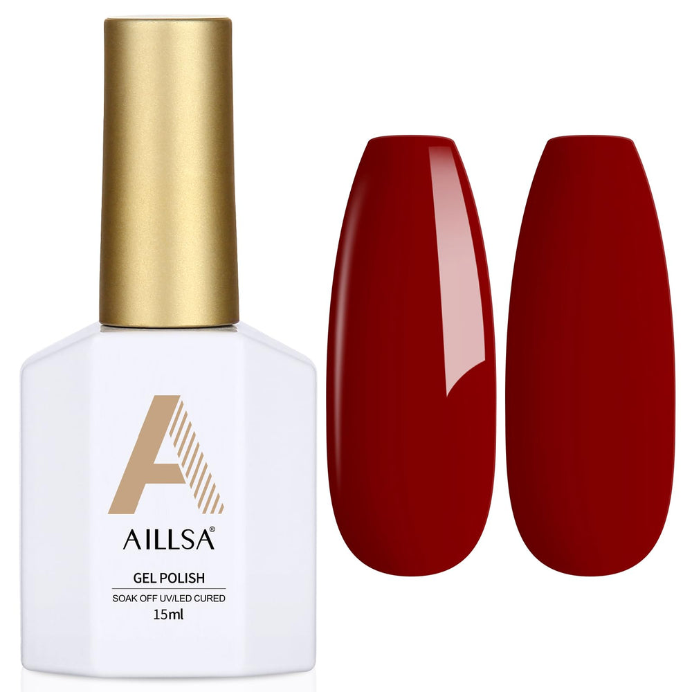 AILLSA cherry red gel polish bottle close-up showing rich fall hue for bold nails
