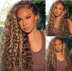 Aimqueen honey blonde deep wave close-up highlights texture and comfort.