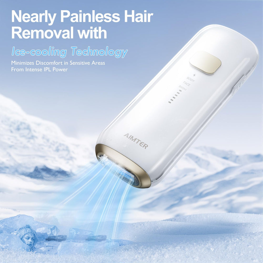 AIMTER IPL device highlighting 590–1200 nm wavelength range for effective hair reduction.