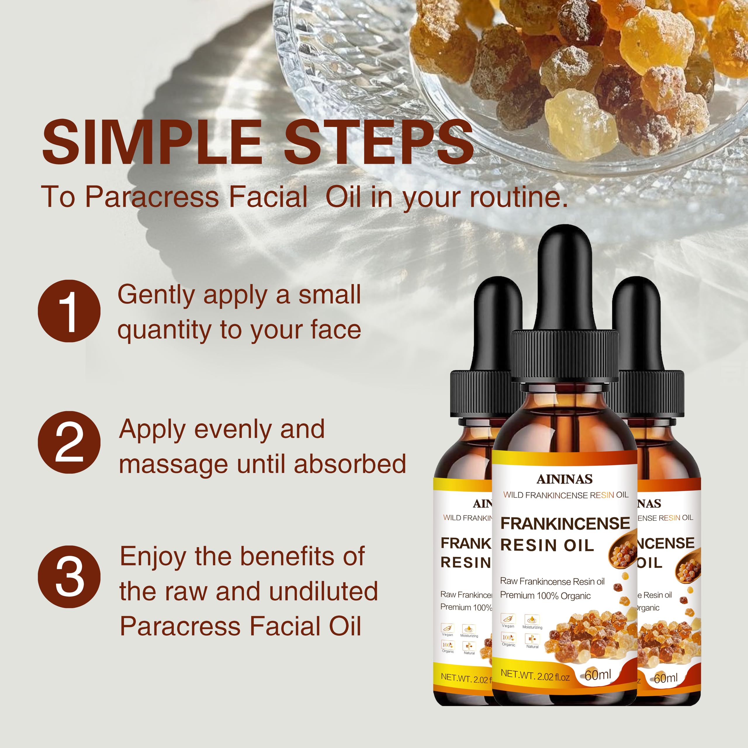AININAS Frankincense Resin Oil close-up texture showing lightweight absorption