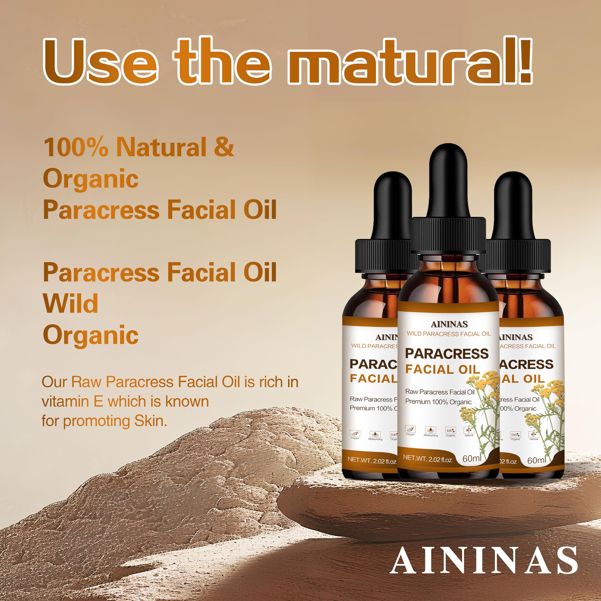 AIninas Paracress Oil closeup reveals soothing glow after use.