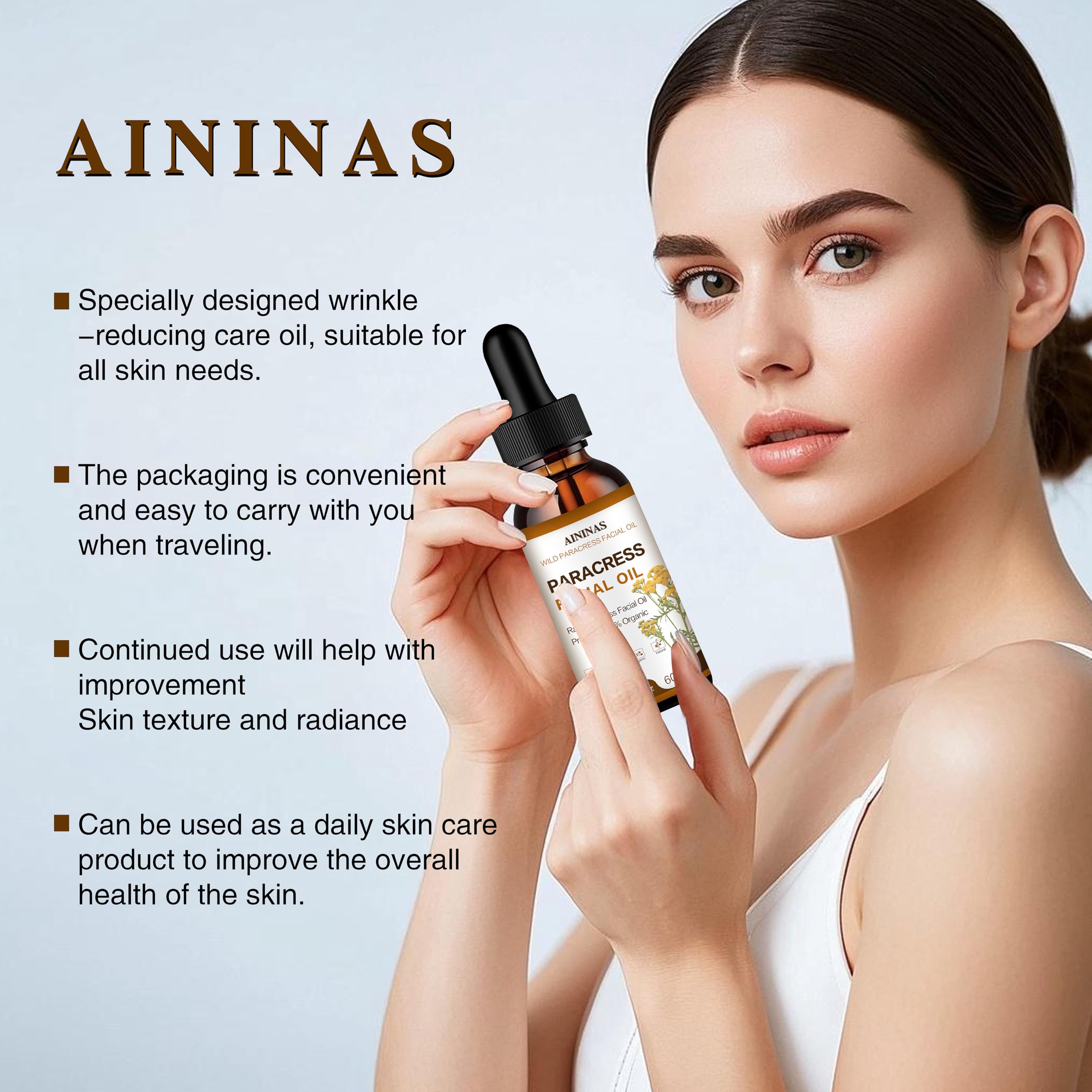 AIninas Paracress Oil packaging closeup emphasizes clean, natural skincare.