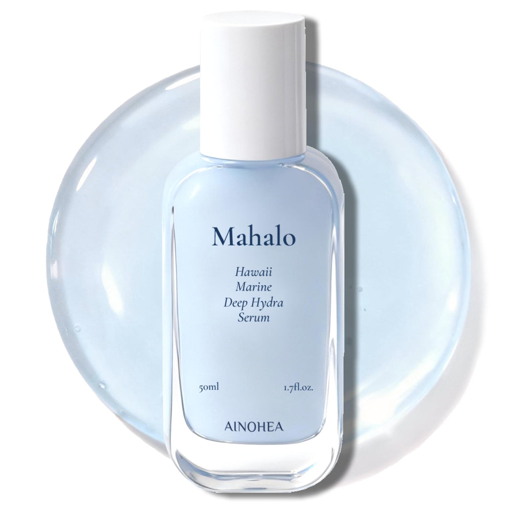 AINOHEA Mahalo serum bottle pump showcases cooling hydration for sensitive skin.