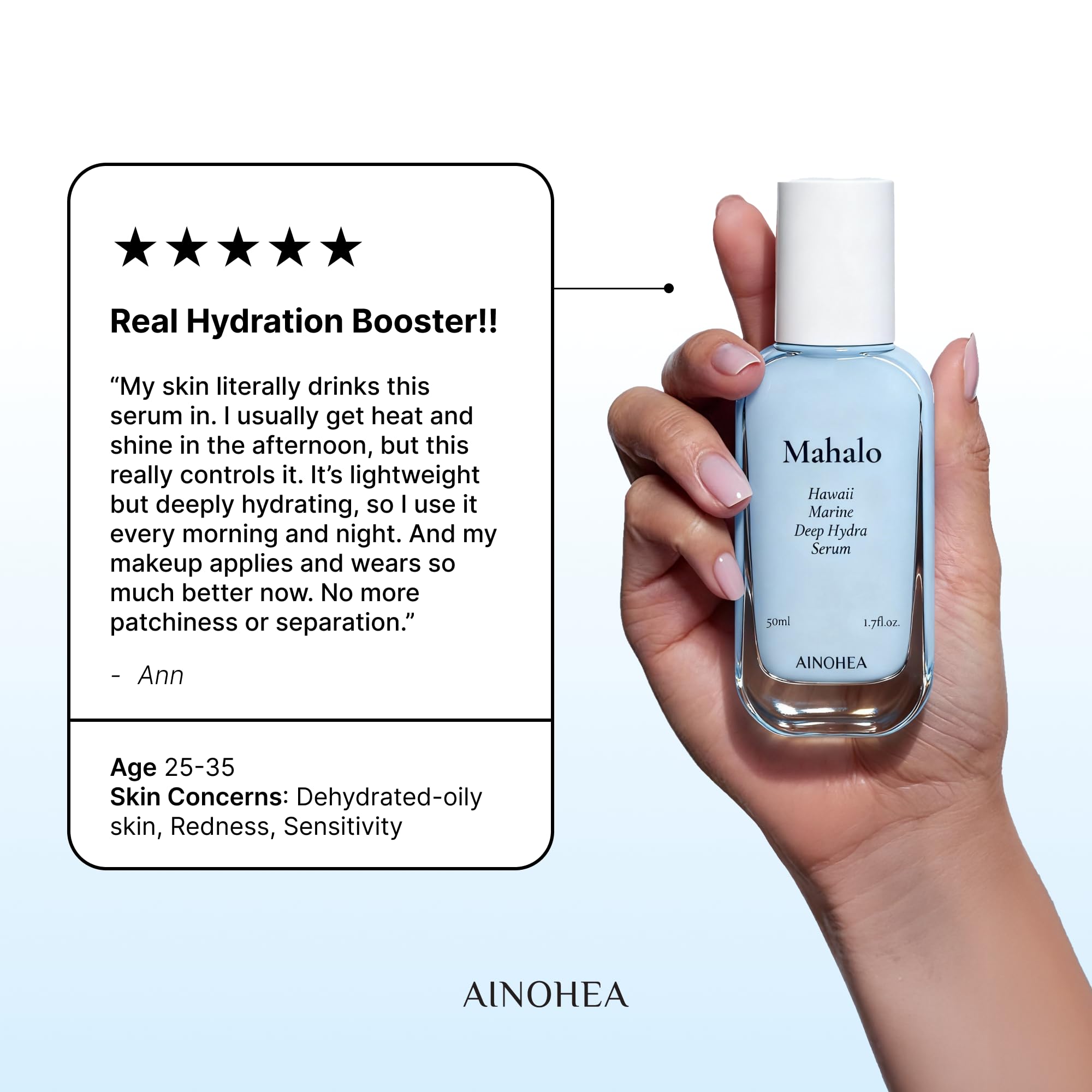 AINOHEA Mahalo serum face soothing promotes calm, comfortable skin daily.