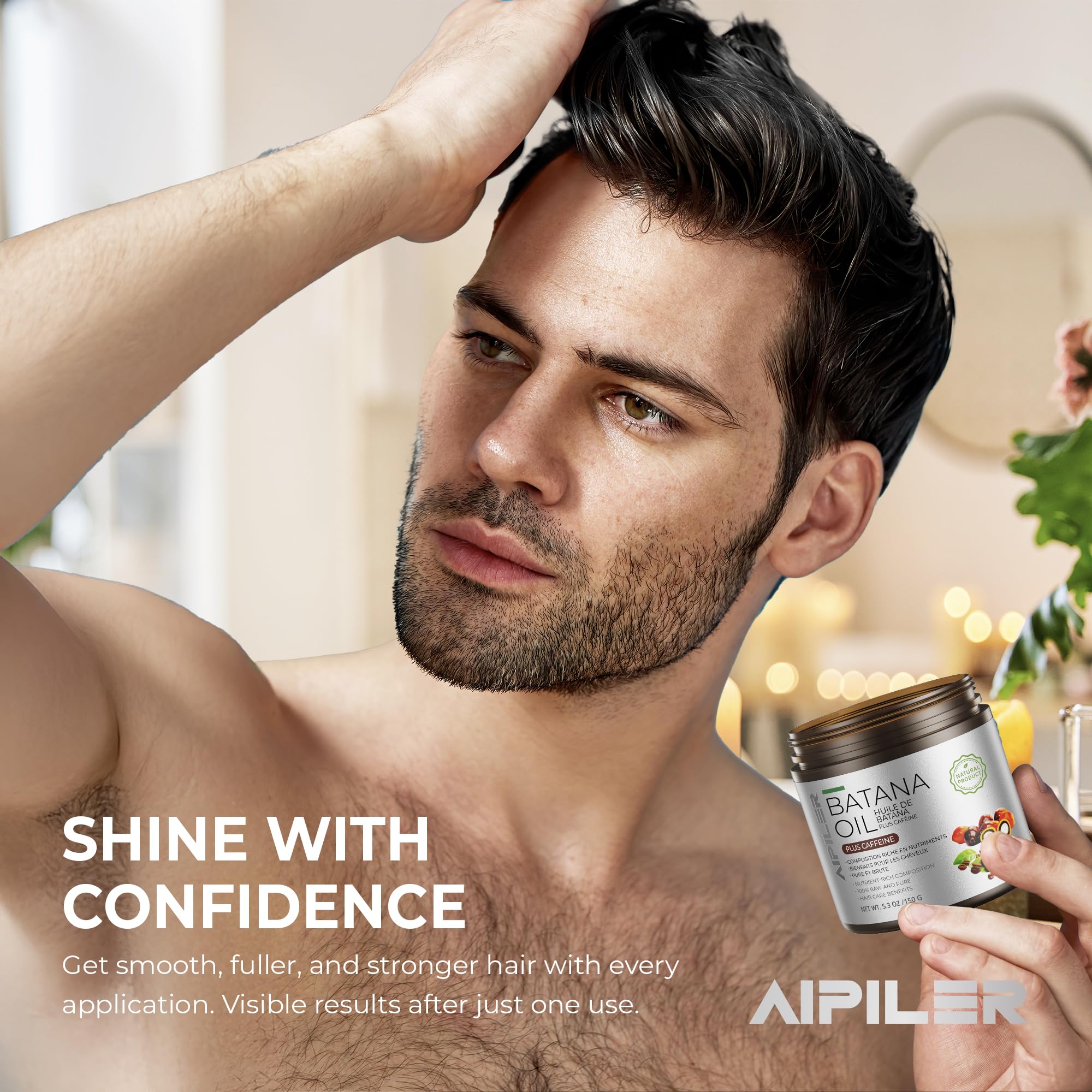 AIPILER Batana Oil hair application shot for pre- or post-shower styling.