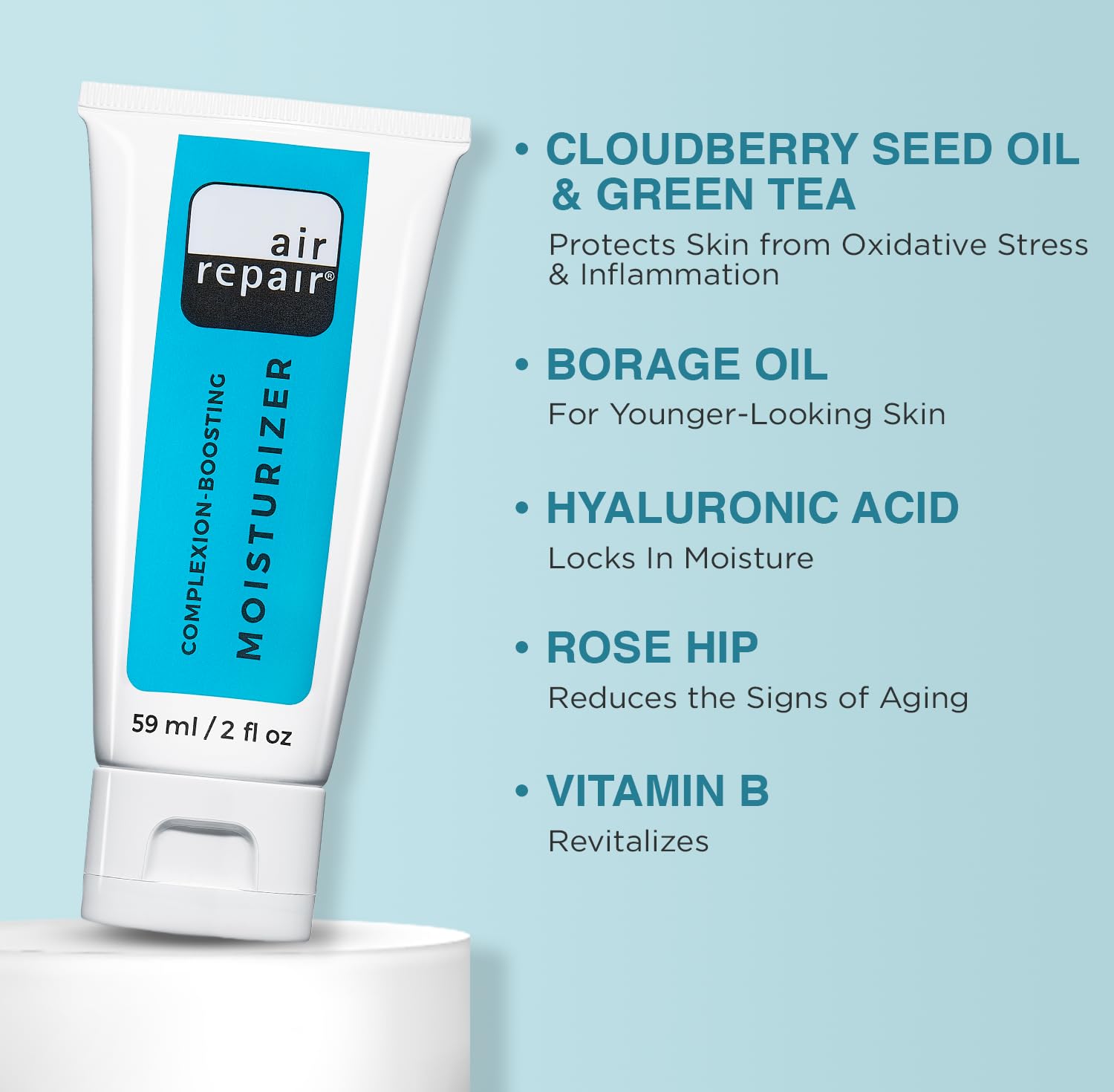 Air Repair Complexion Boosting Moisturizer bottle with label showcases vegan formula.