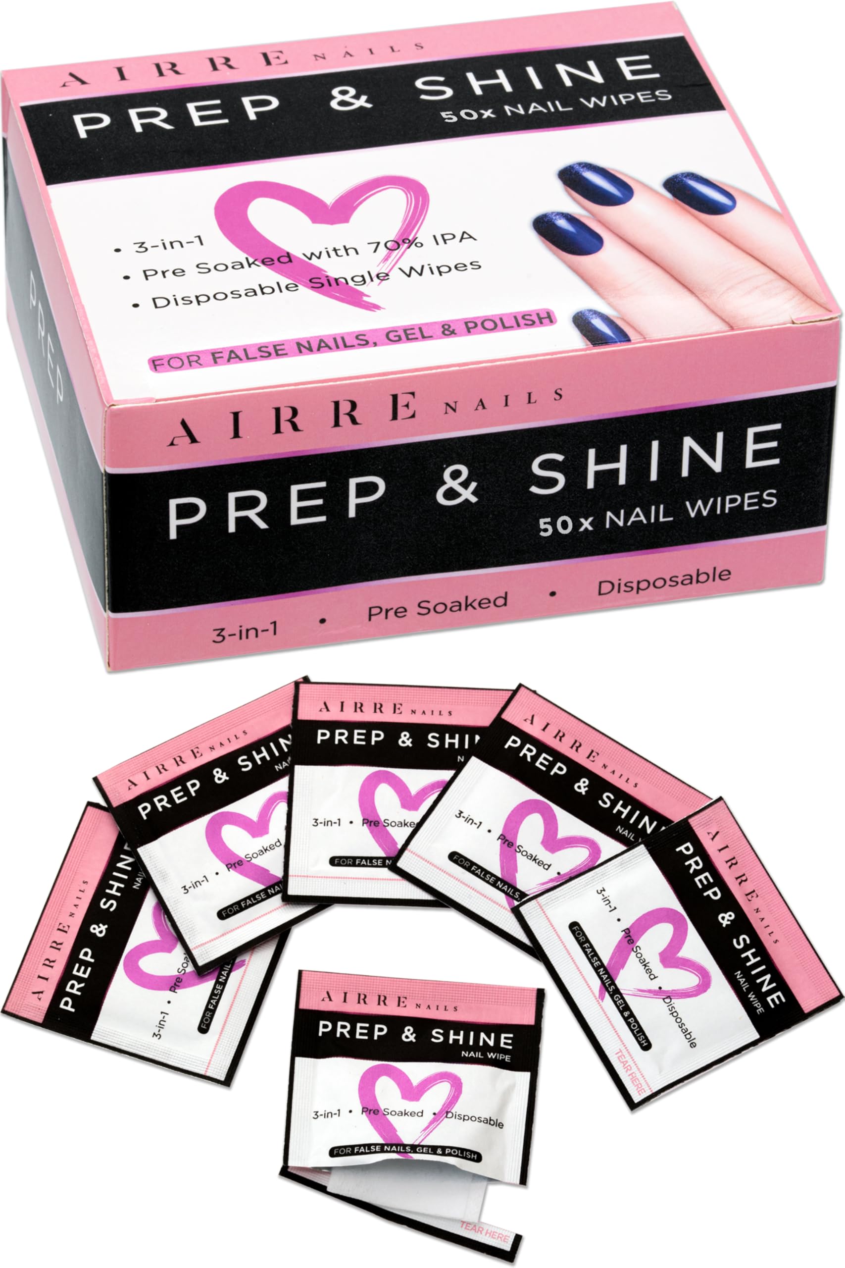 Airre Nails Prep & Wipe packaging shown for hygienic salon-ready prep