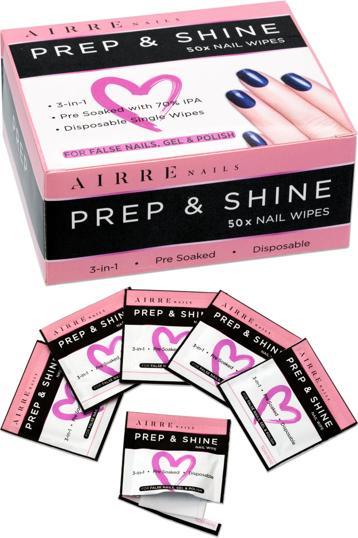 Airre Nails Prep & Wipe packaging shown for hygienic salon-ready prep