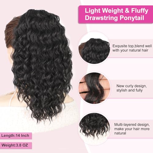 AISI BEAUTY black 14in curly drawstring ponytail clip-in setup for quick daily wear.