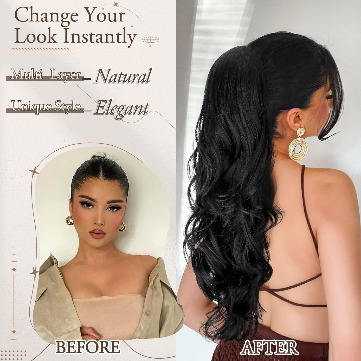 AISI BEAUTY clip-in ponytail 26 inch black for quick, stylish change.