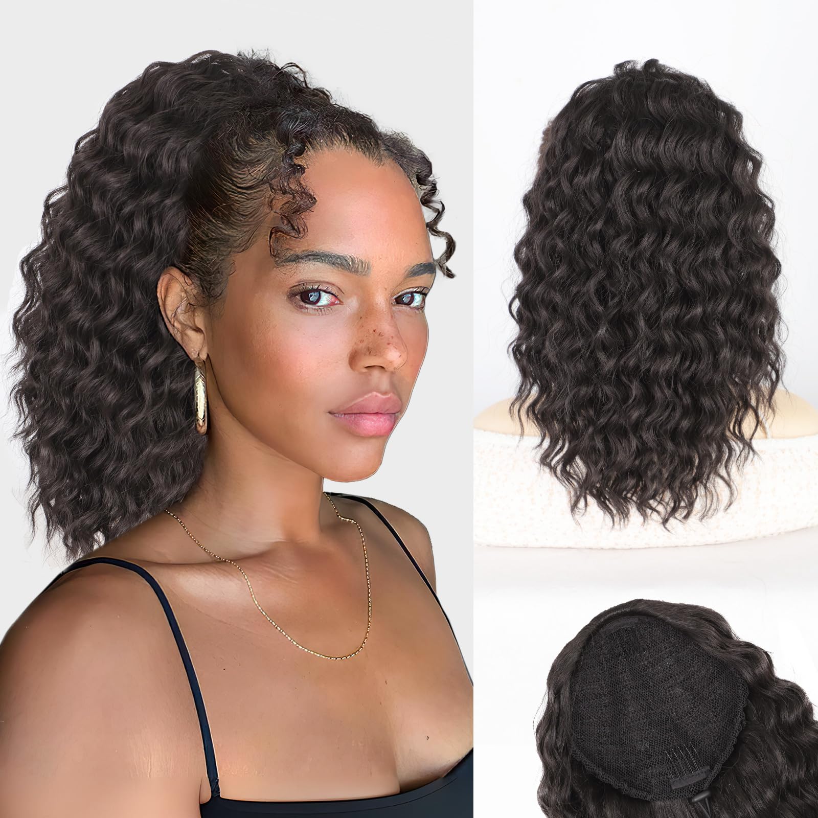 AISI BEAUTY curly ponytail drawstring closeup with fluffy texture for natural look.