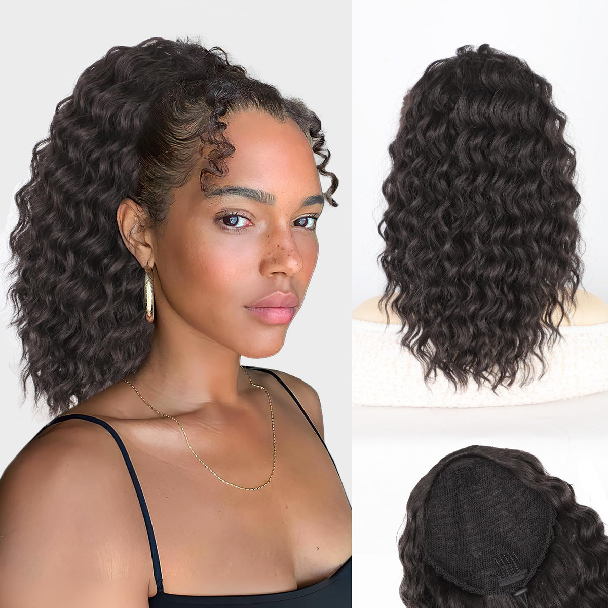 AISI BEAUTY curly ponytail drawstring closeup with fluffy texture for natural look.