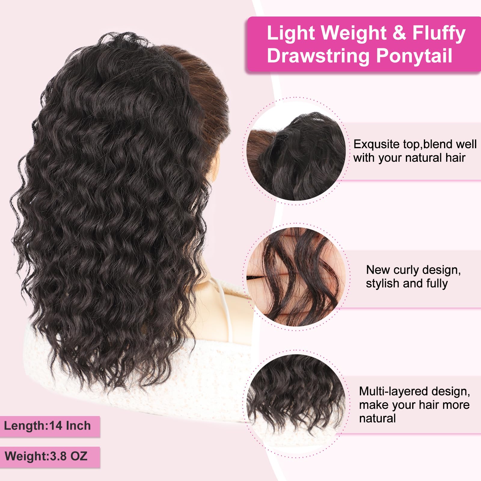AISI BEAUTY 14-inch ponytail highlights length and voluminous curls for daily style.
