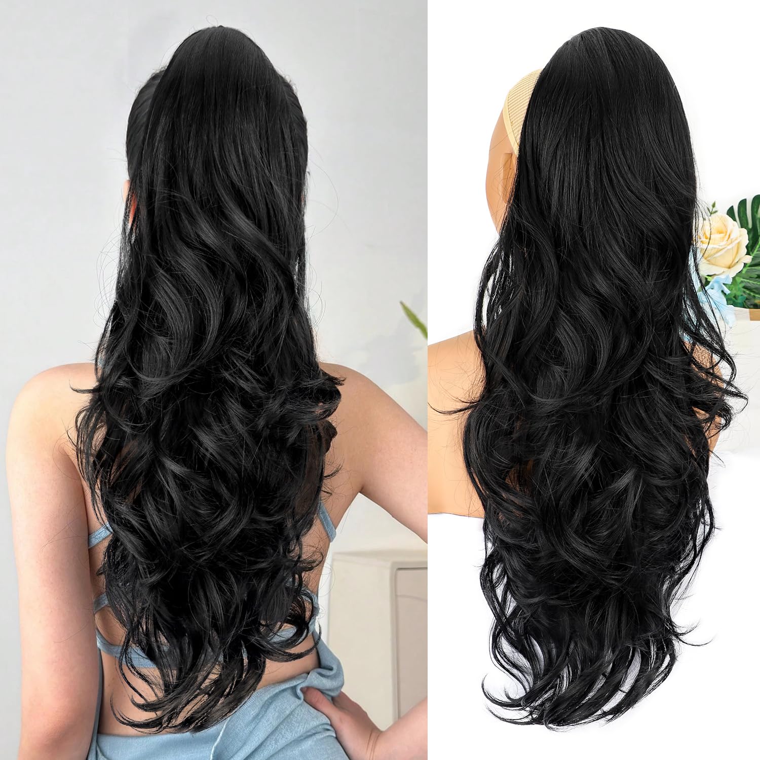 AISI BEAUTY drawstring ponytail extension 26 inch black for natural blend and added length.