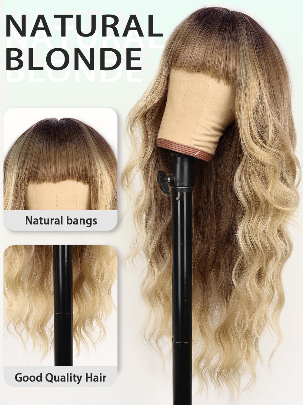 AISI HAIR blonde wig with bangs, long and wavy on model, full length.