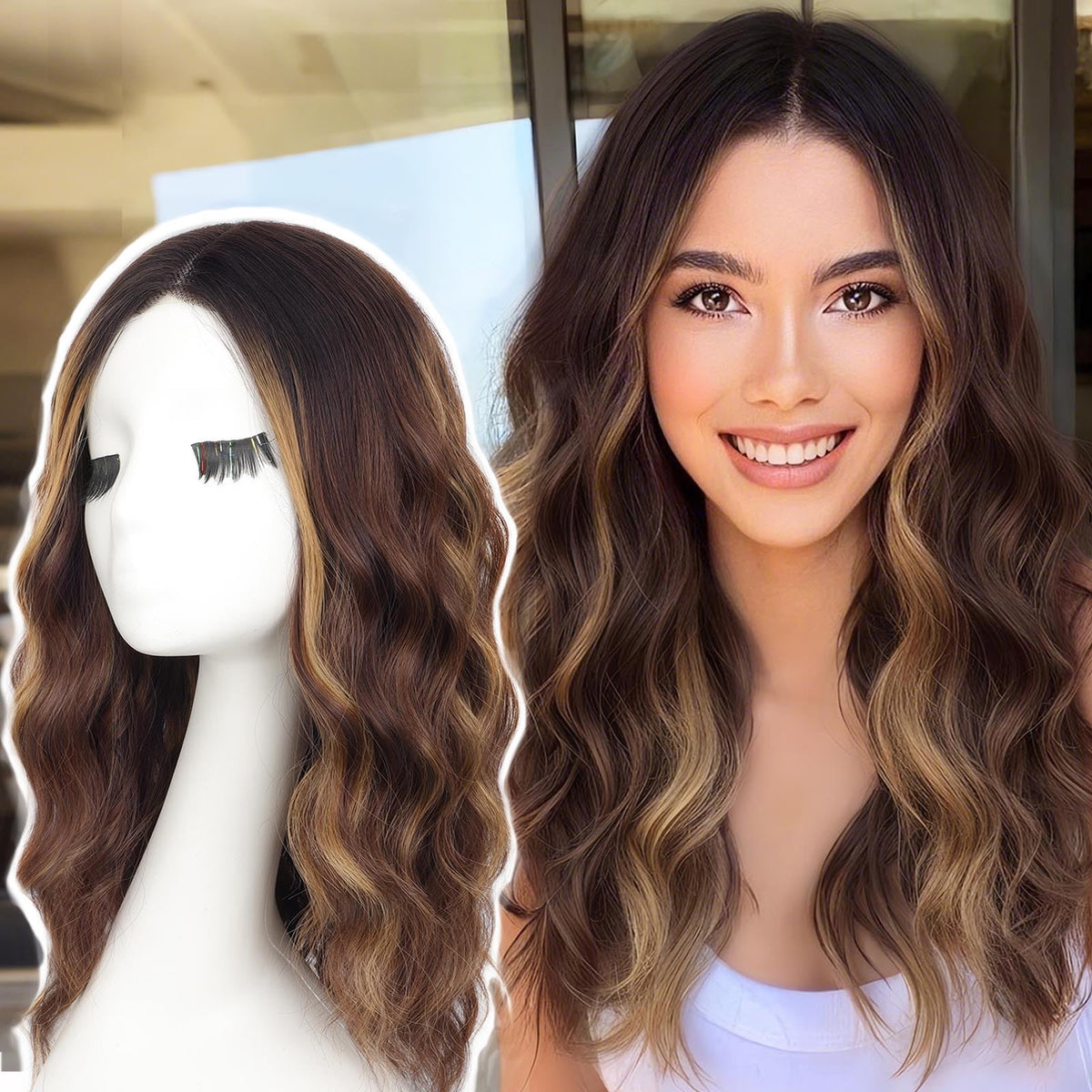 AISI HAIR Highlights Brown Wig midlength wave for chic daily looks.