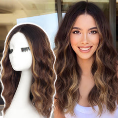 AISI HAIR Highlights Brown Wig midlength wave for chic daily looks.