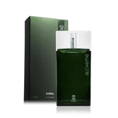 Ajmal Alcheme bottle side view highlighting modern design for day and night use