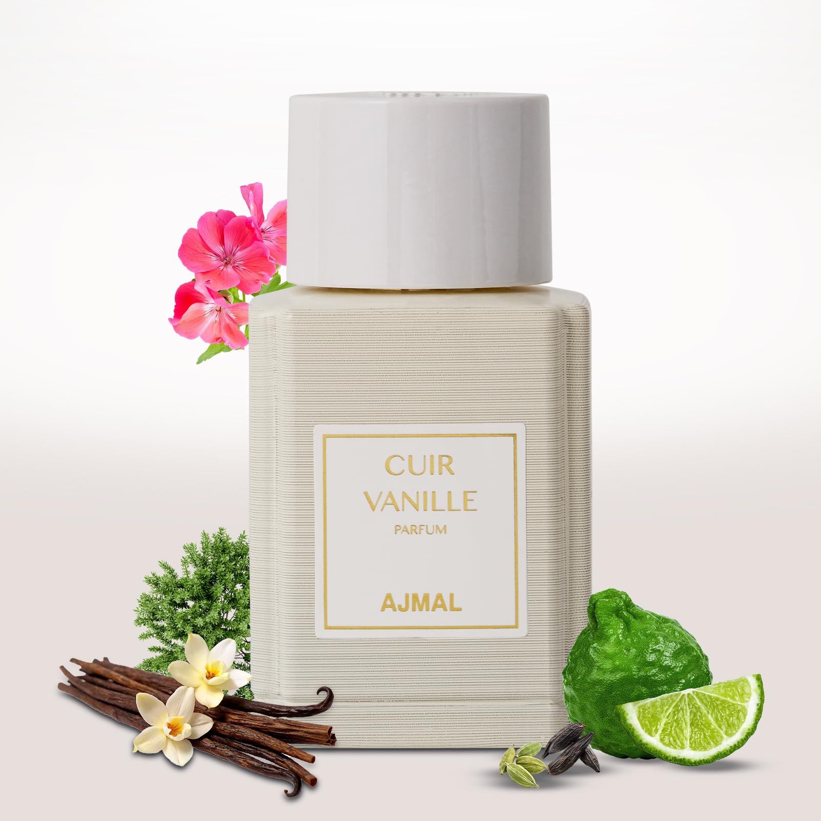 Ajmal Cuir Vanille bottle front showcases bold leather and vanilla for a lasting masculine presence.
