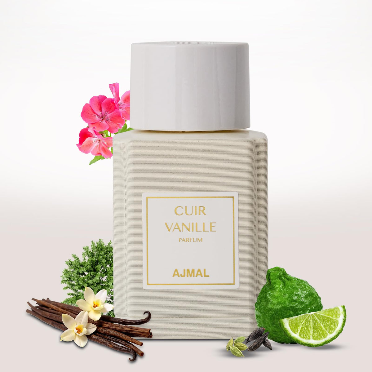 Ajmal Cuir Vanille bottle front showcases bold leather and vanilla for a lasting masculine presence.