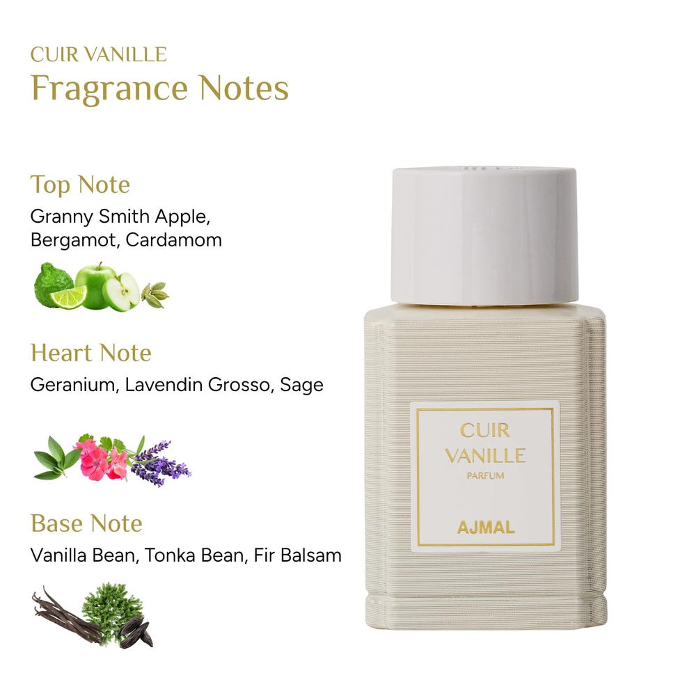 Ajmal Cuir Vanille label detail suggests French-made craftsmanship and refined fragrance branding.