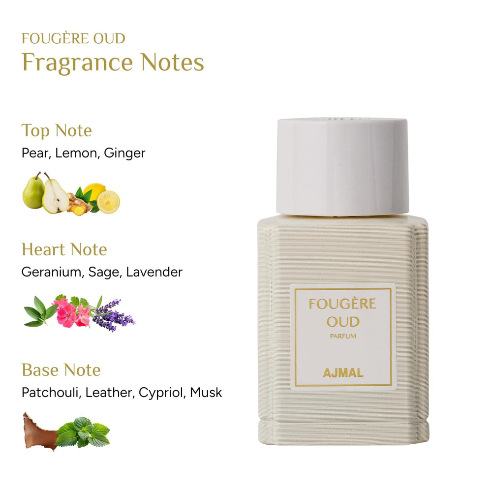 Ajmal Fougere Oud EDP packaging box echoes luxury craftsmanship from France to Dubai.