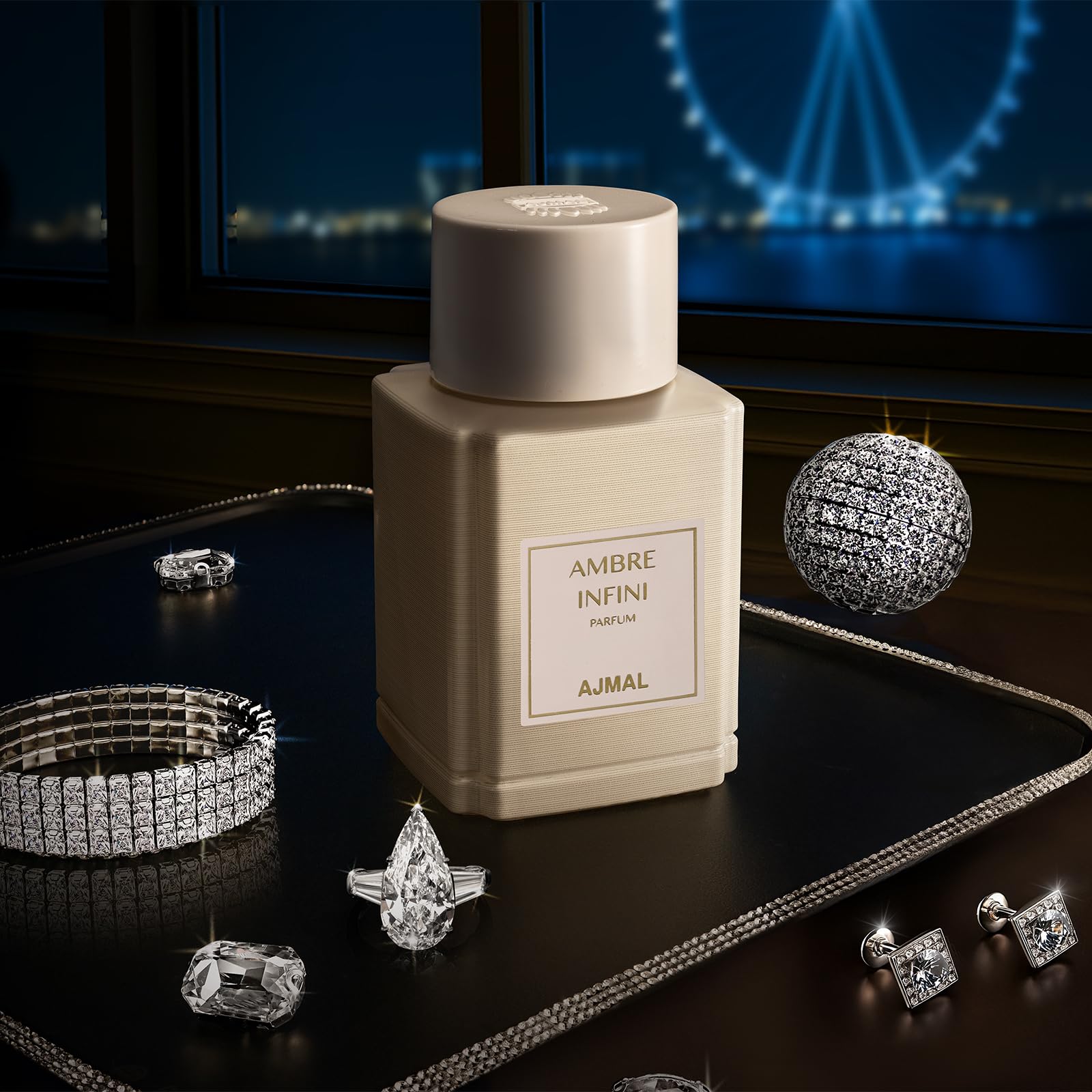 Ajmal Oud Marquis Ambre Infini back label lists USA exclusivity.
