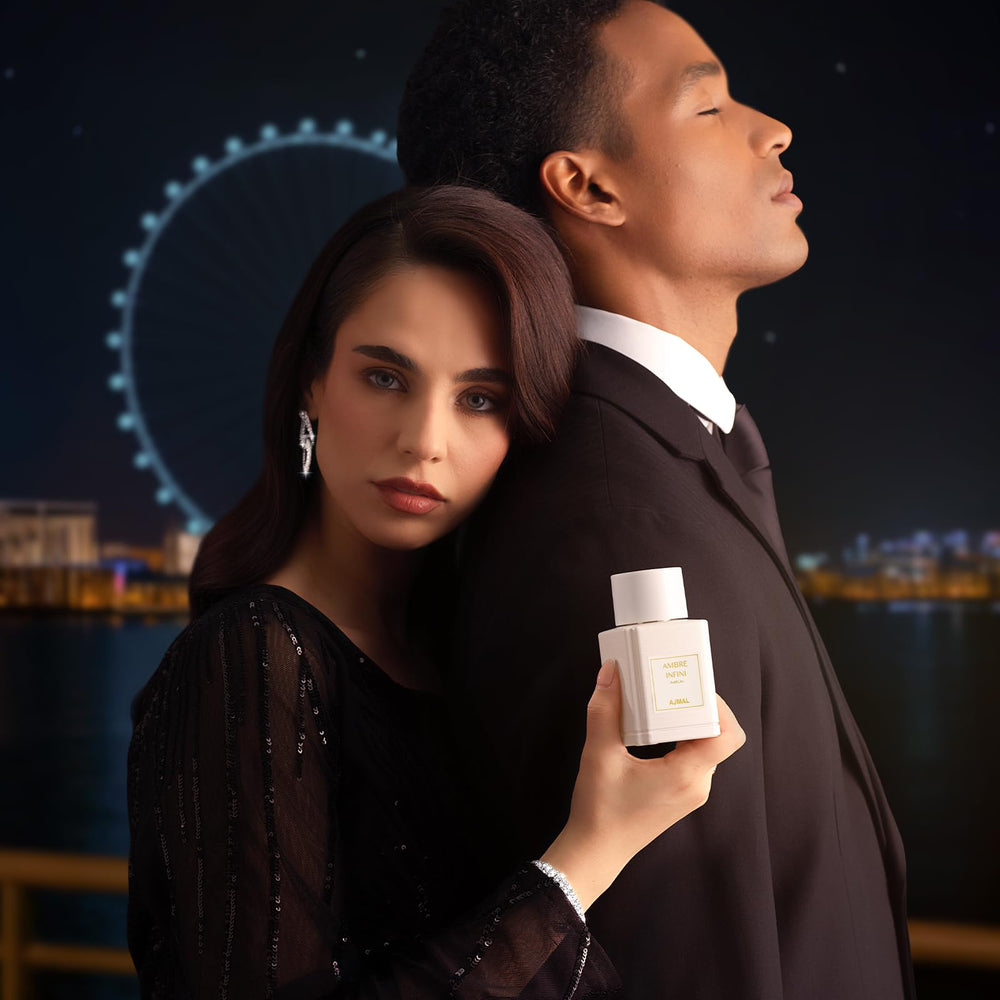 Ajmal Oud Marquis Ambre Infini packaging box hints at French-Dubai luxury.