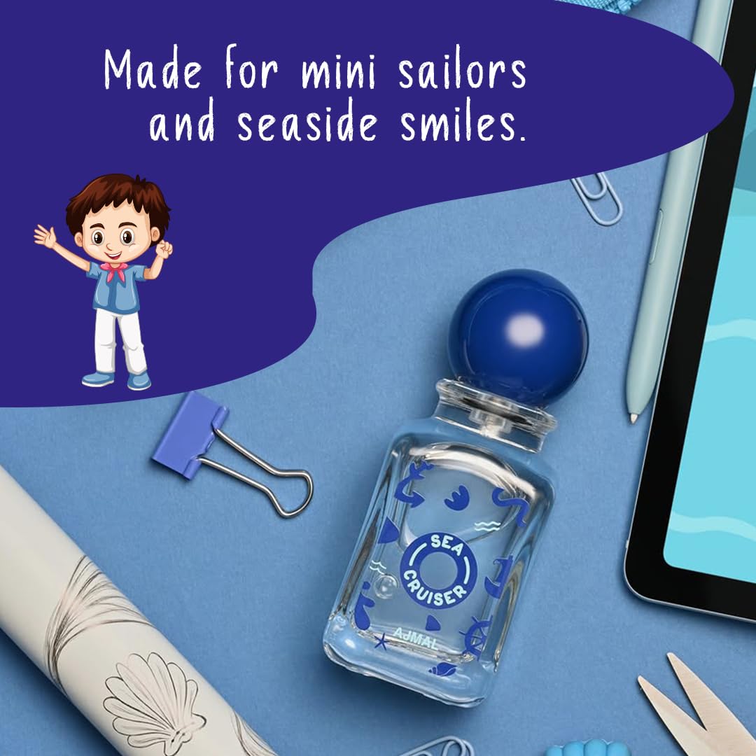 Ajmal SeaCruiser outer label emphasizes Dubai-made craftsmanship for kids.