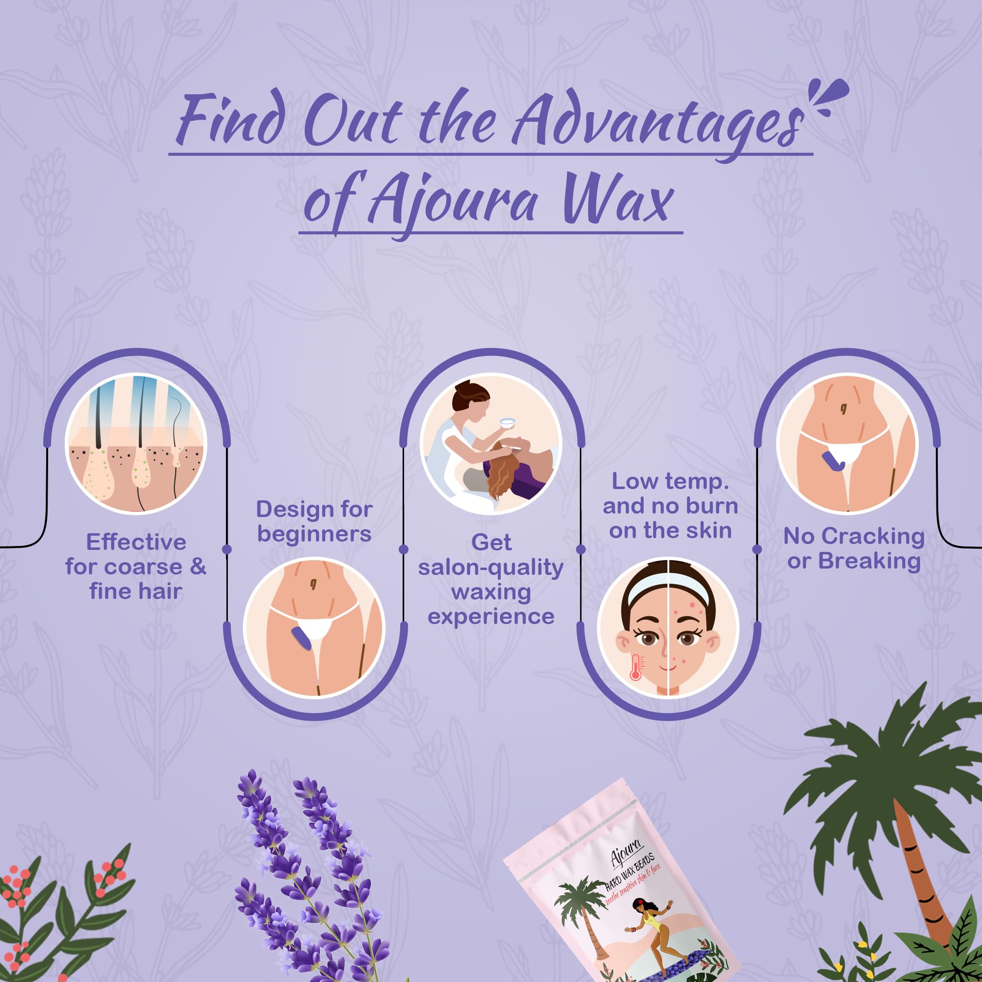 Ajoura bikini-area waxing with lavender wax beads for precise results.