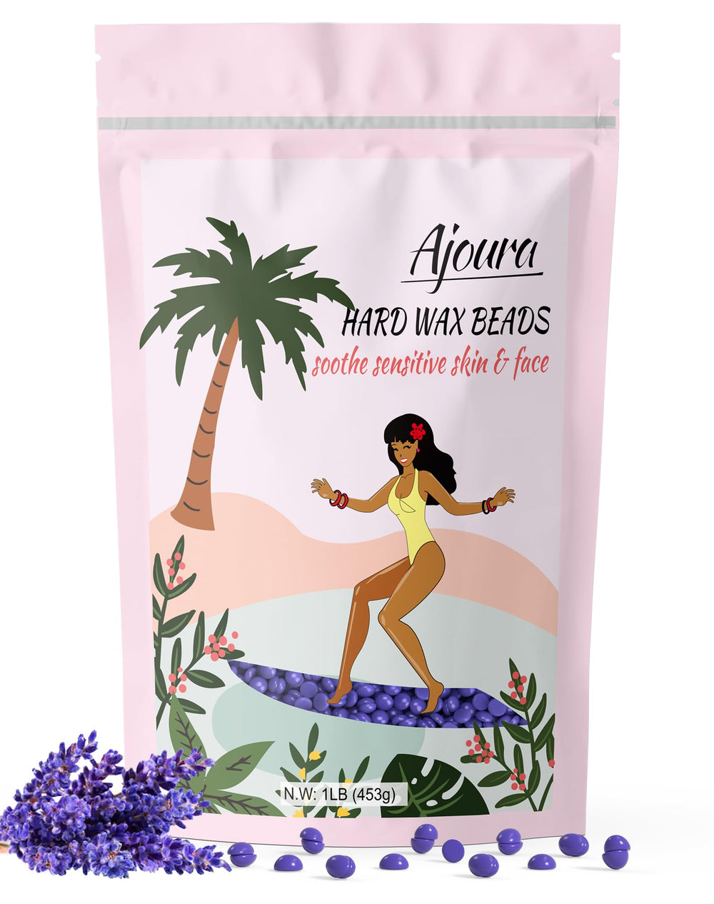 Ajoura lavender wax beads in a jar for smooth at-home waxing.