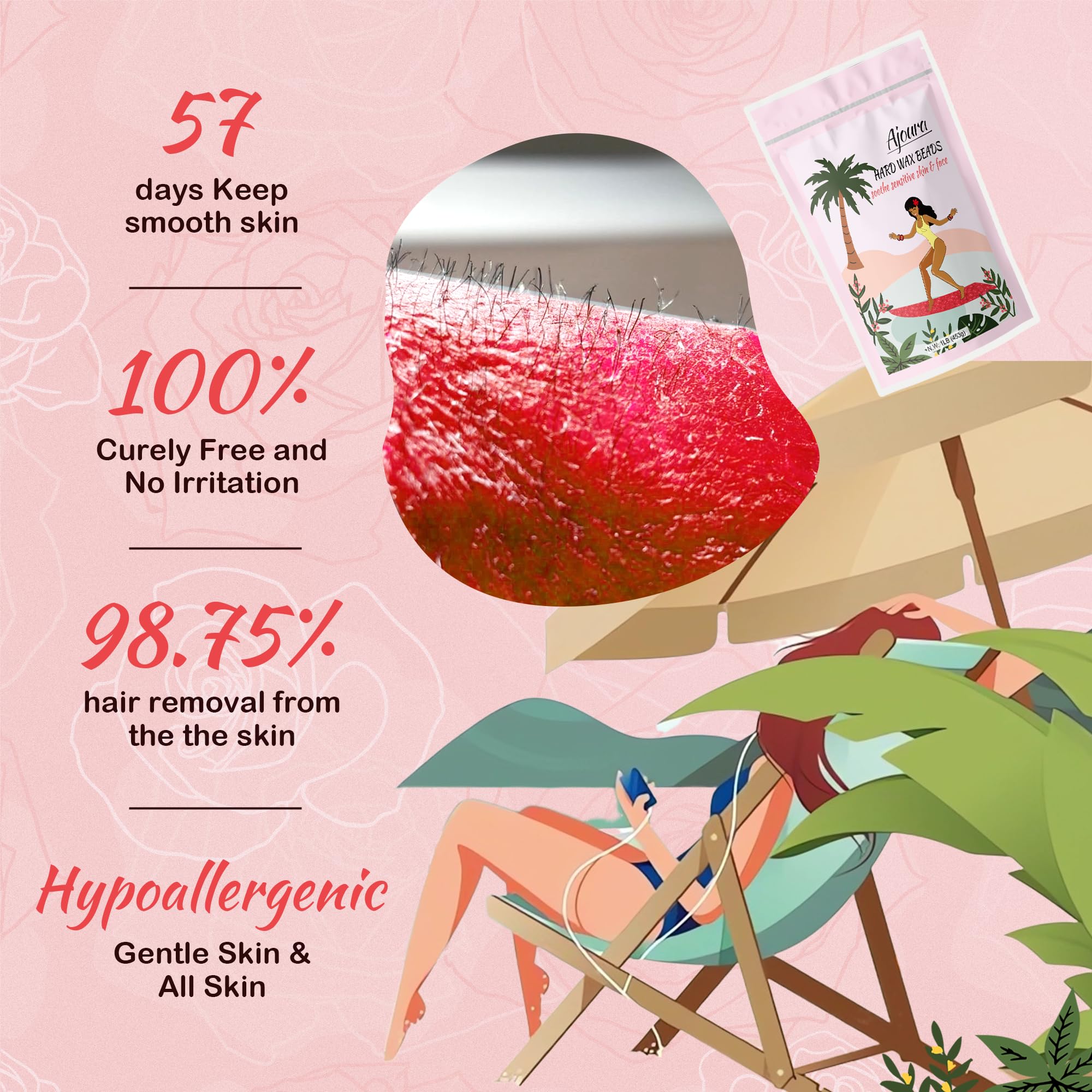 Ajoura rose wax beads near bikini area for quick, clean waxing.