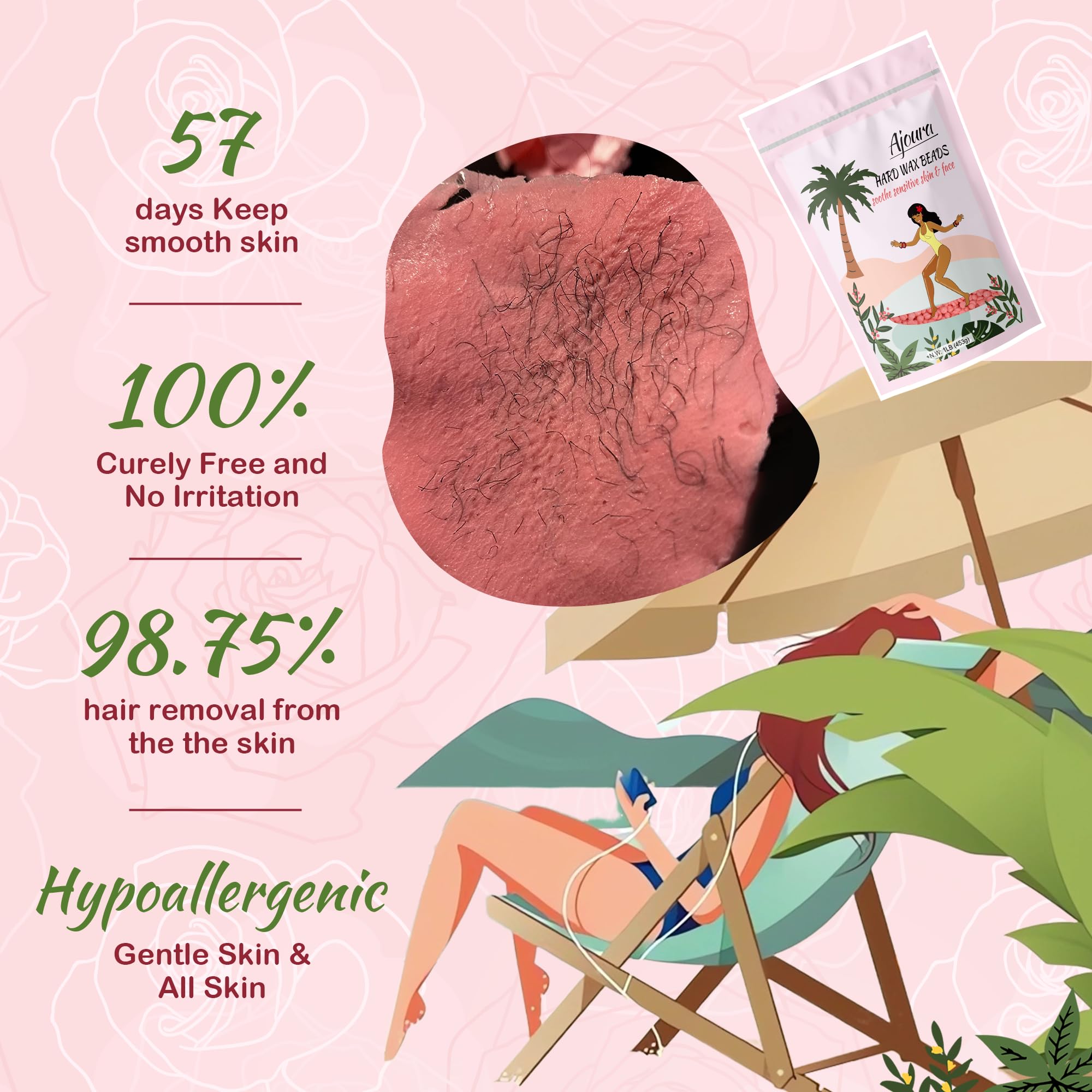Ajoura Rose Pink Wax Beads melt evenly for gentle coarse hair removal