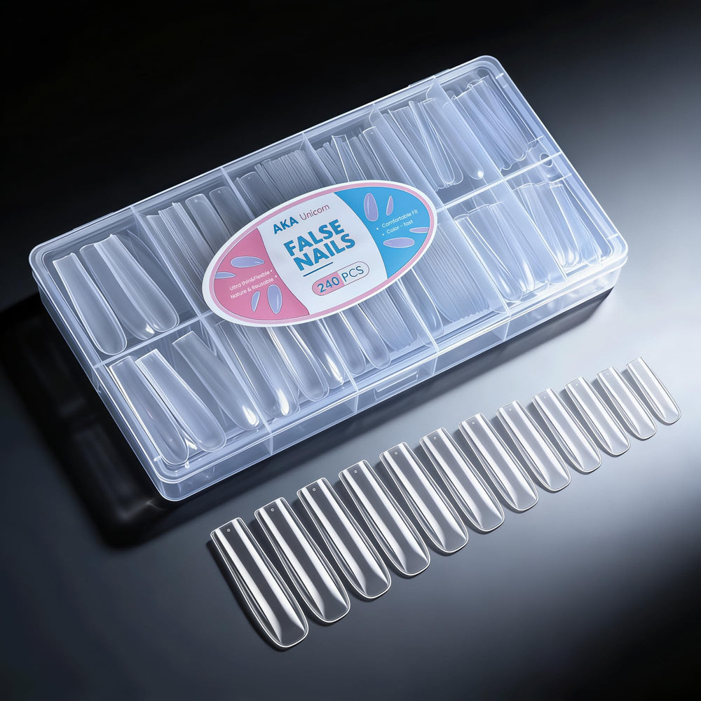 AKA Unicorn soft gel nail tips long square clear 240pc for durable full coverage
