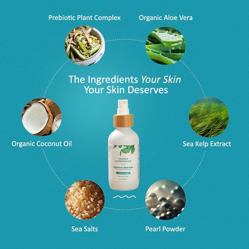 Akasha Prebiotic Skin Mist on bathroom shelf for easy daily use.