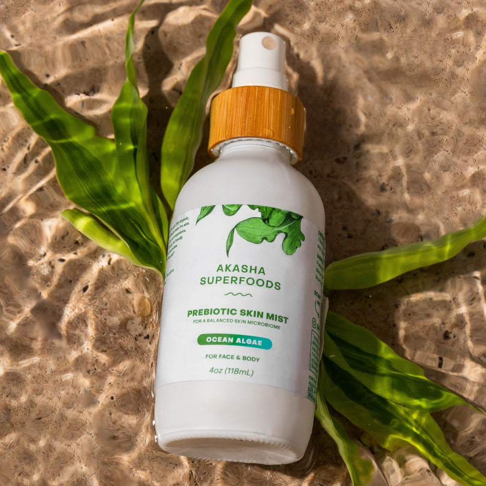 Akasha Prebiotic Skin Mist packaging highlighting vegan, recyclable materials.