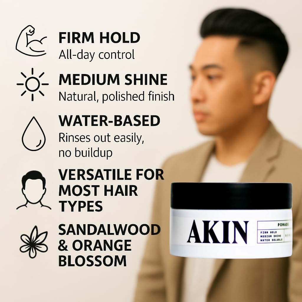 Close-up of AKIN Official Pomade jar highlighting flake-free hold