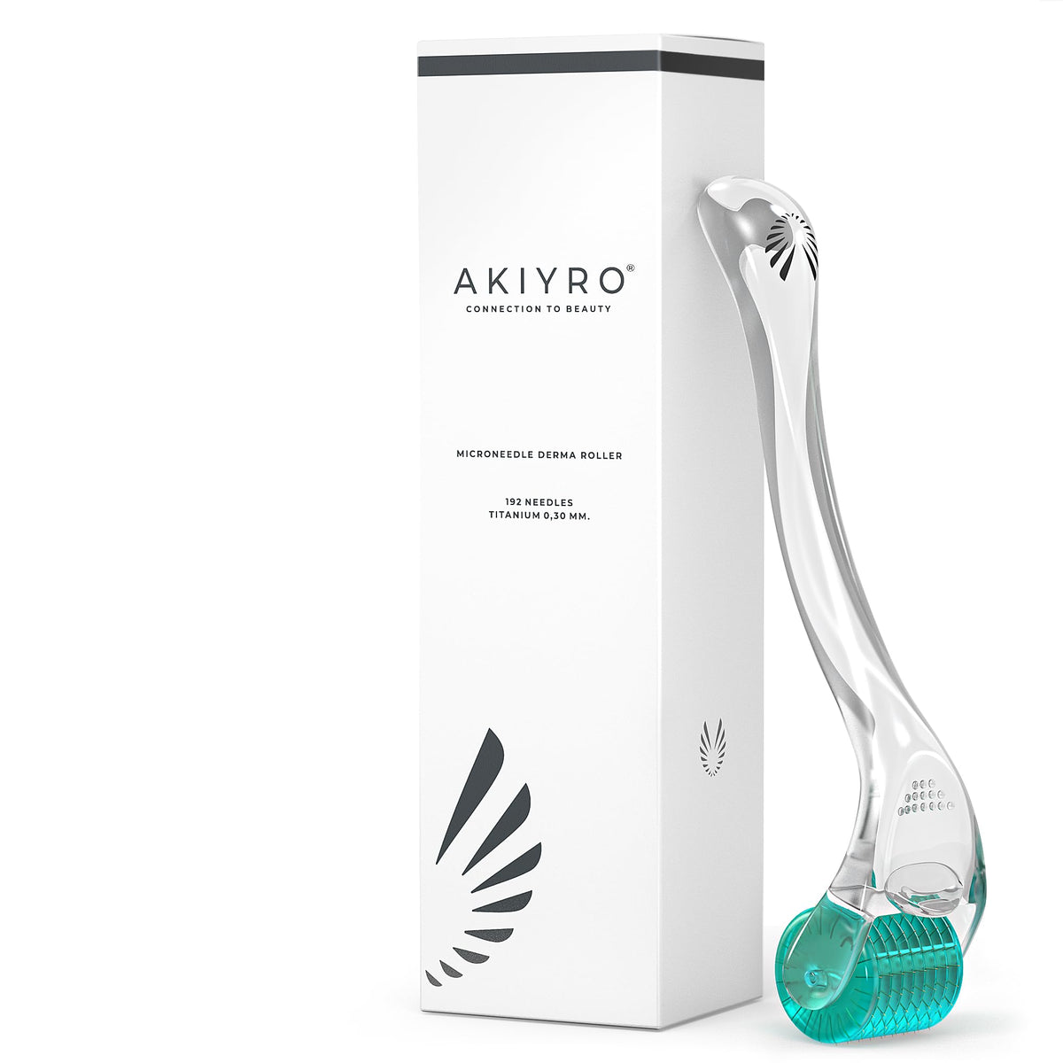 AKIYRO Derma Roller on the face for smoother skin and better absorption.
