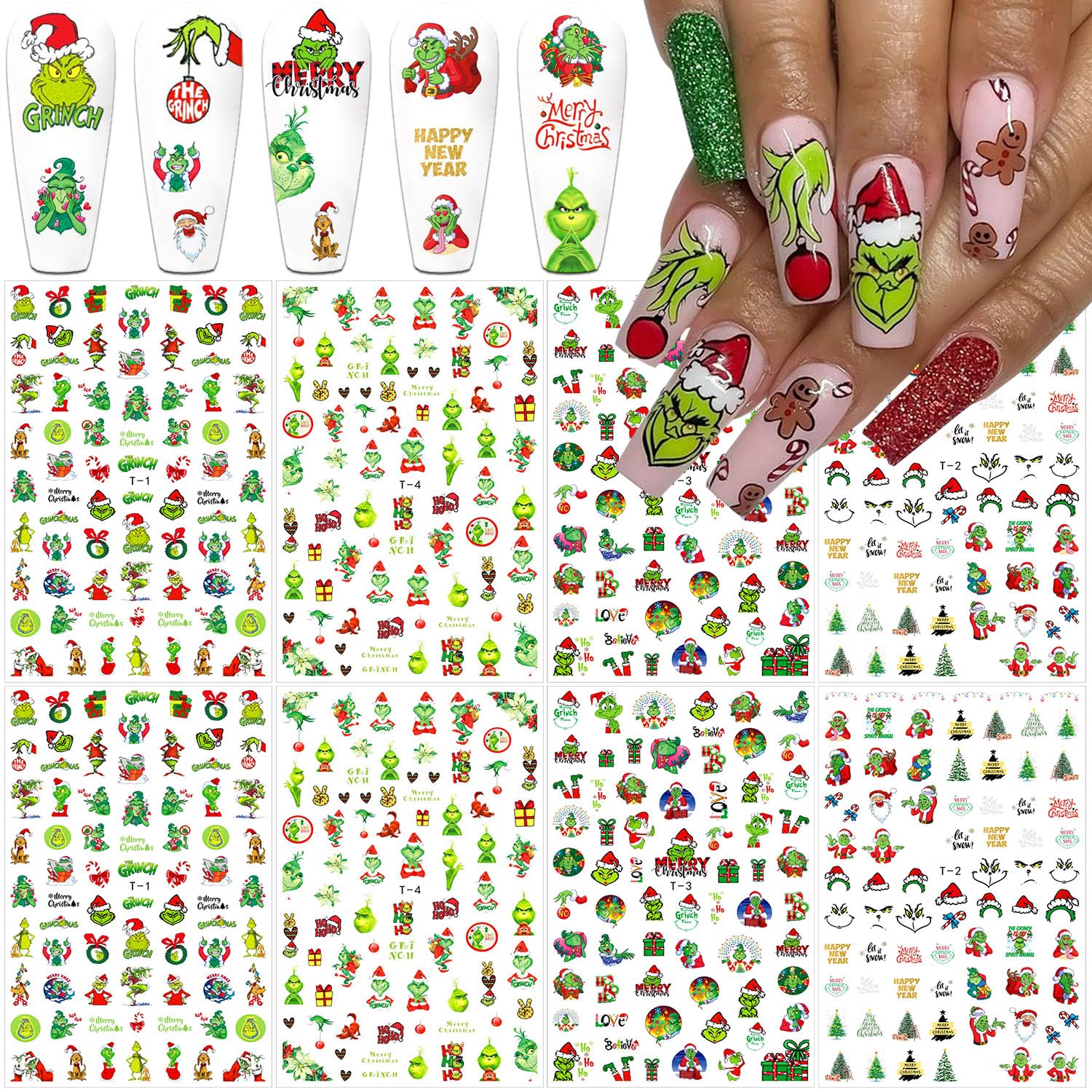 AKLHDSK Christmas nail stickers 8 sheets for versatile holiday nail art designs.