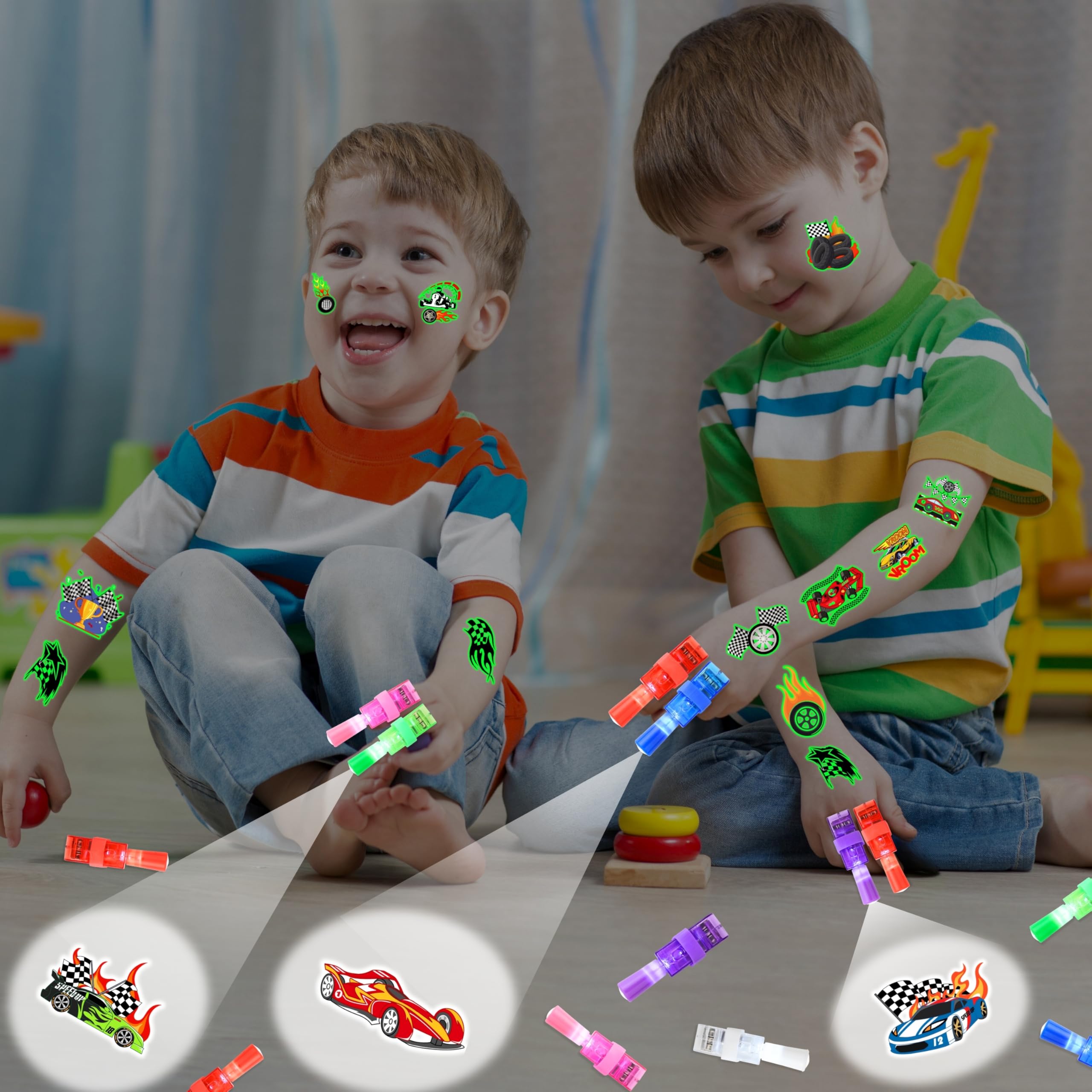 AKRMABEUP glow-in-the-dark tattoos with race car theme.