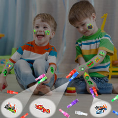 AKRMABEUP glow-in-the-dark tattoos with race car theme.