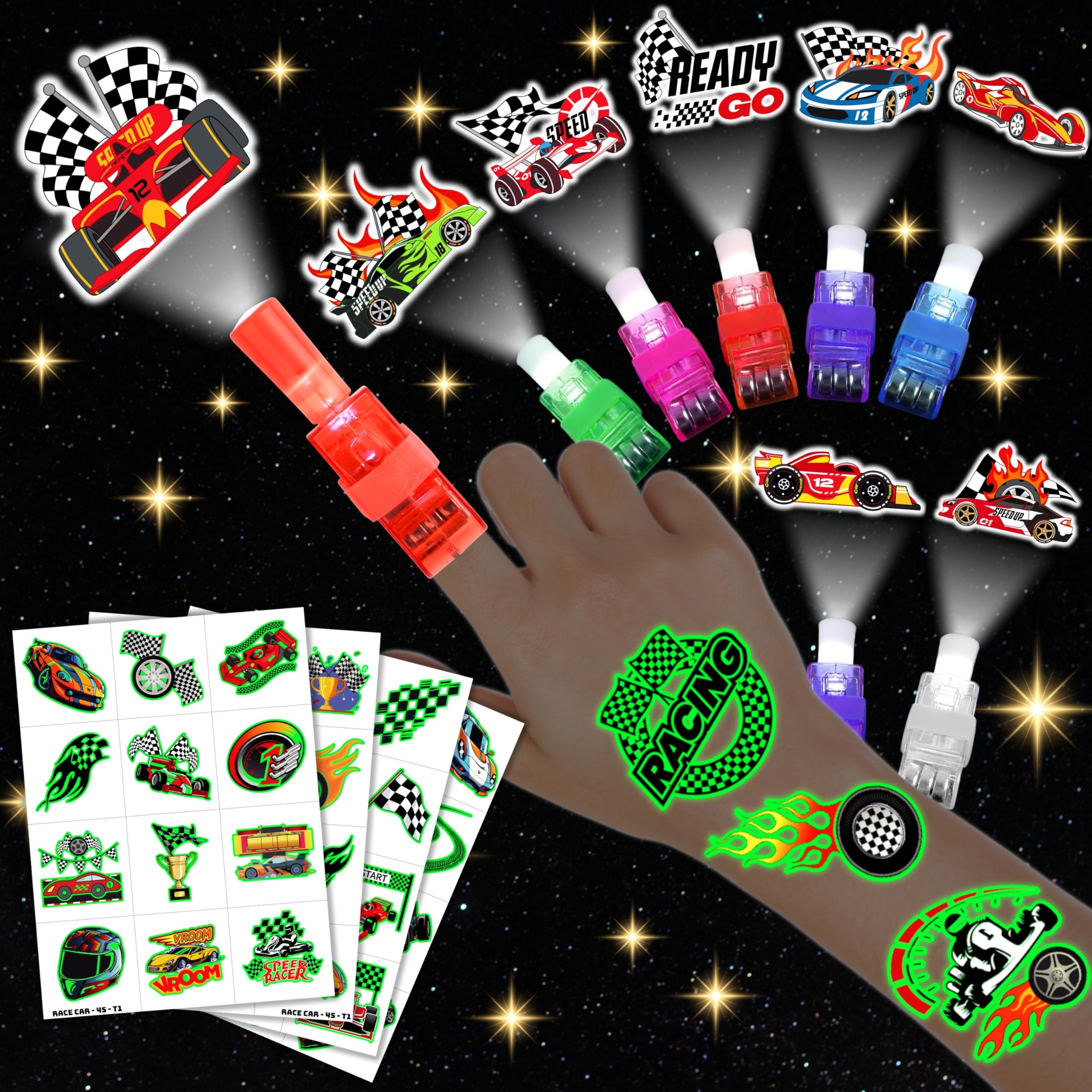 AKRMABEUP race car LED finger lights design for kids' party fun.