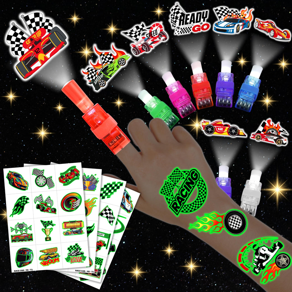 AKRMABEUP race car LED finger lights design for kids' party fun.