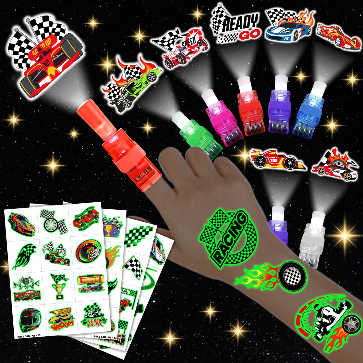 AKRMABEUP race car LED finger lights design for kids' party fun.