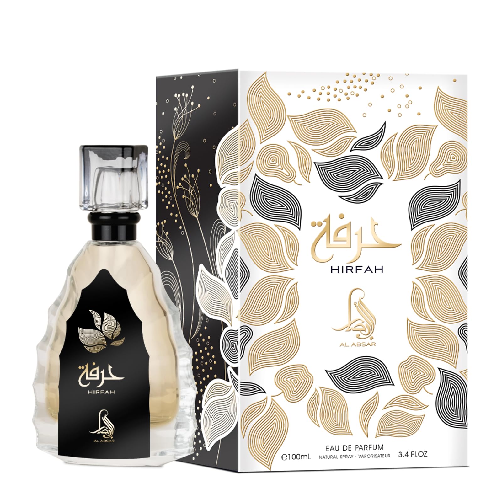 Al Absar Hirfah bottle front in black and gold for an elegant look.