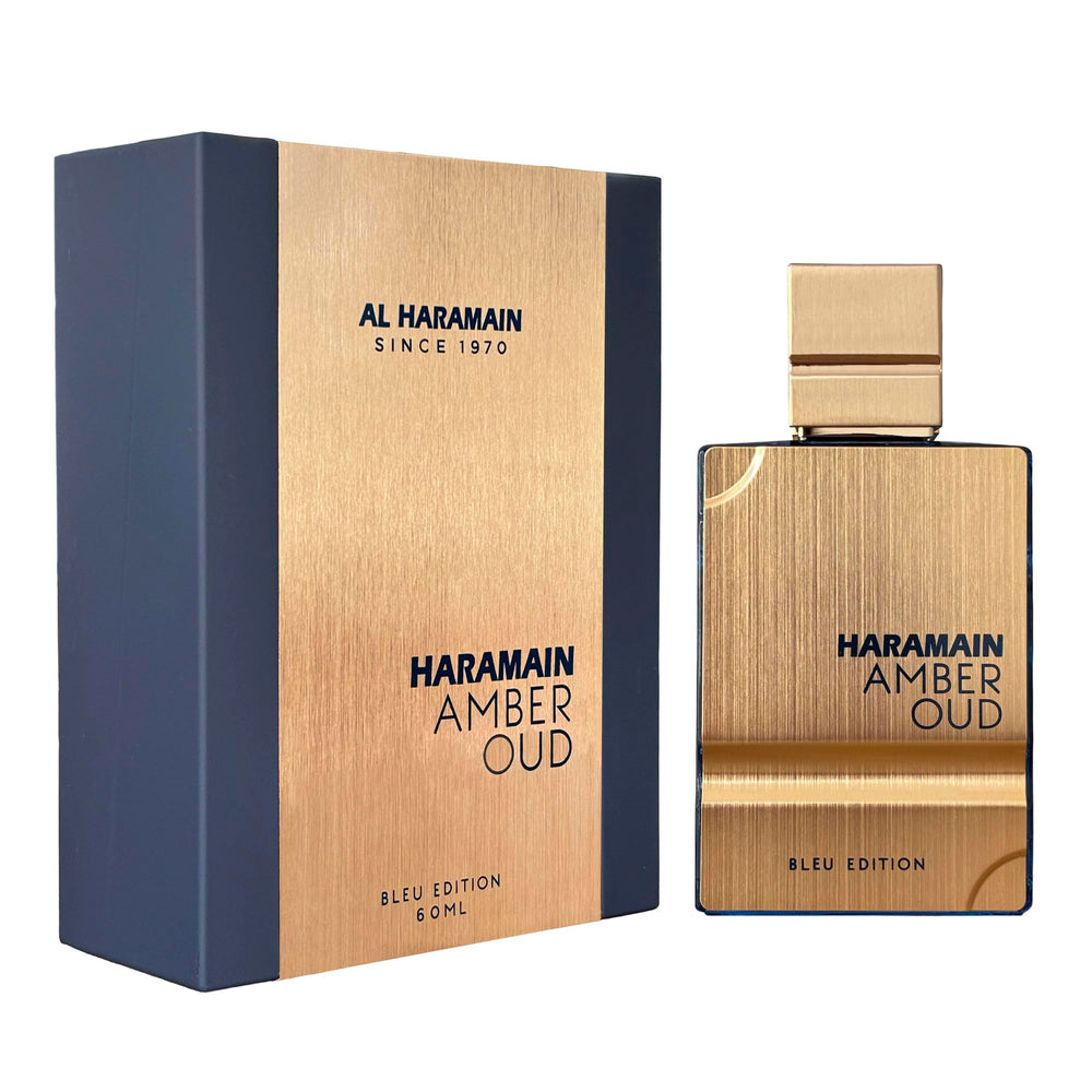 Al Haramain Amber Oud Blue Edition bottle cap closeup, premium branding enhances gifting appeal.